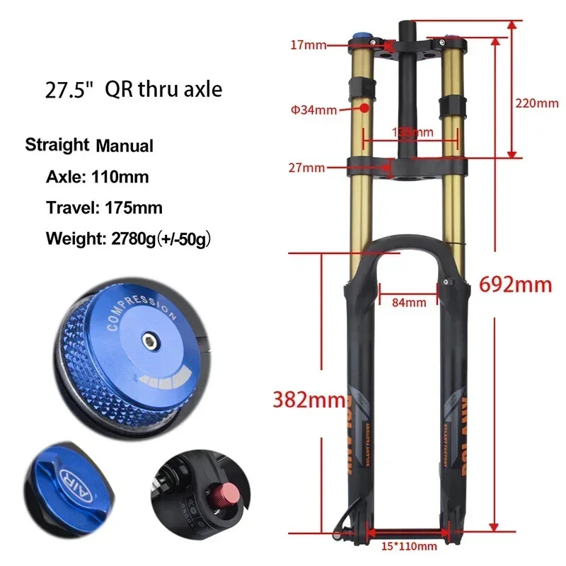 Downhill MTB Double Shoulder Inverted Air Suspension Fork 27.5/29er Travel 175mm