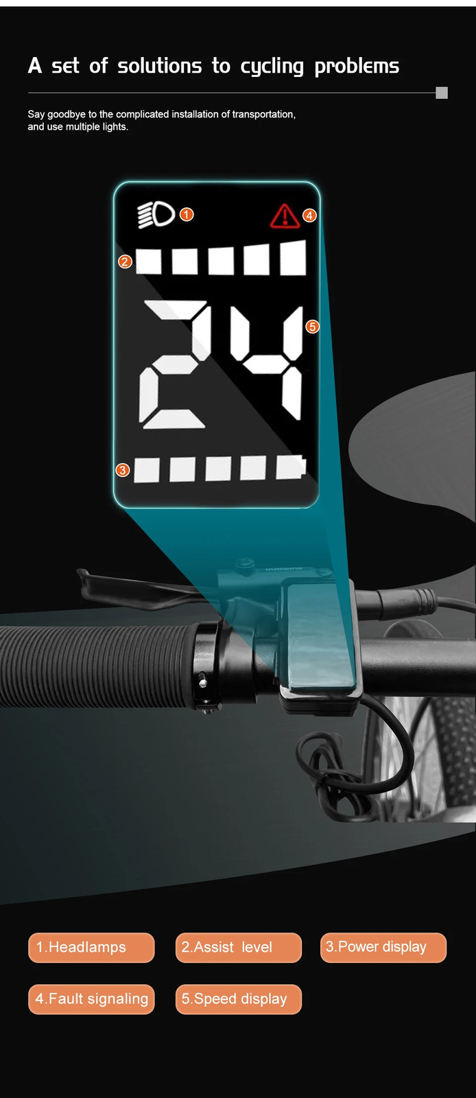 24V 36V 48V 5PIN Female Waterproof LCD Display with UART Communication Protocol