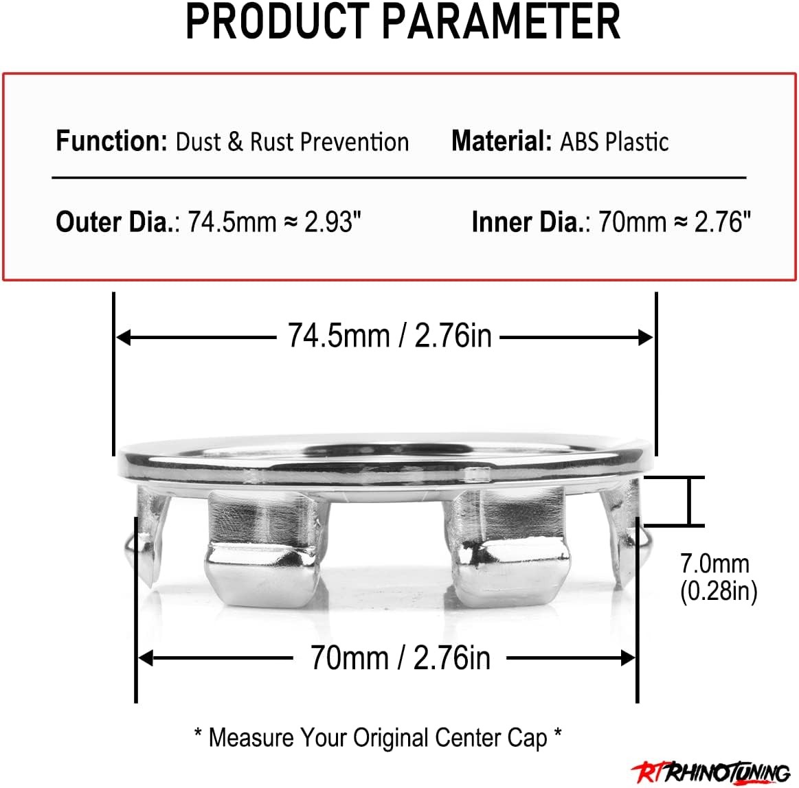 4PCS 75mm Wheel Center Caps OD 74.5mm / 2.93″, ID 70mm / 2.75″ Chrome