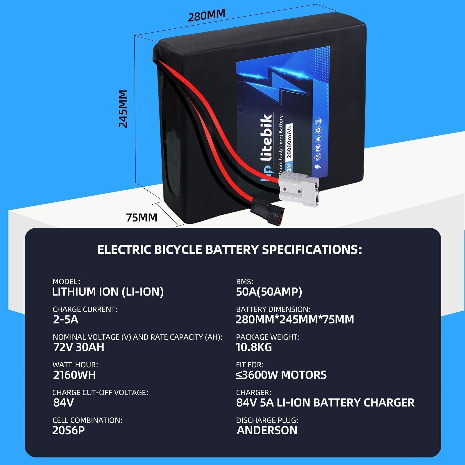 48V 52V 60V 72V 30Ah 20Ah Ebike Battery for Electric Bike Bicycle w/ BMS Li-ion
