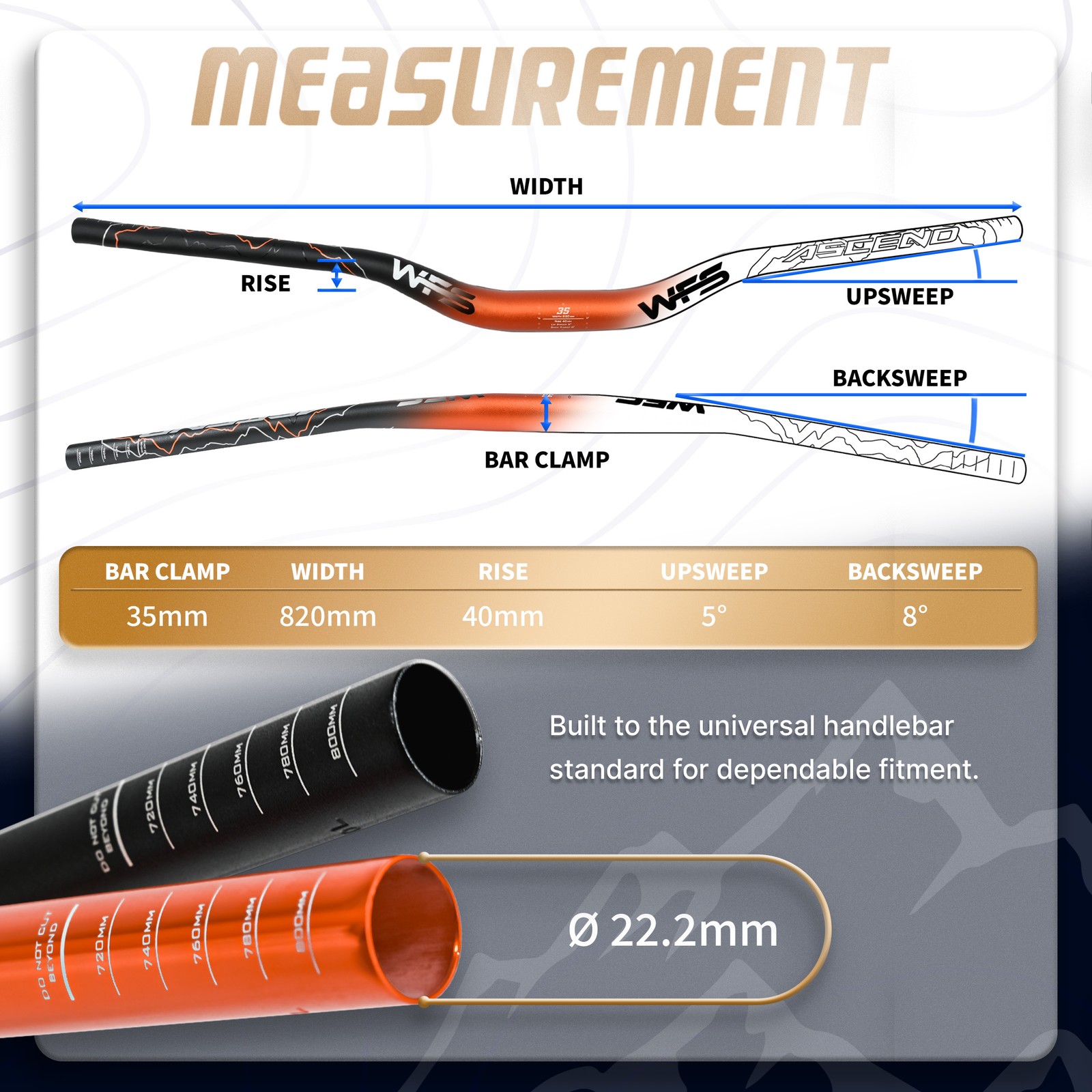 WFS Ascend 35 x 820mm Handlebar 40mm Rise, Black x Yellow