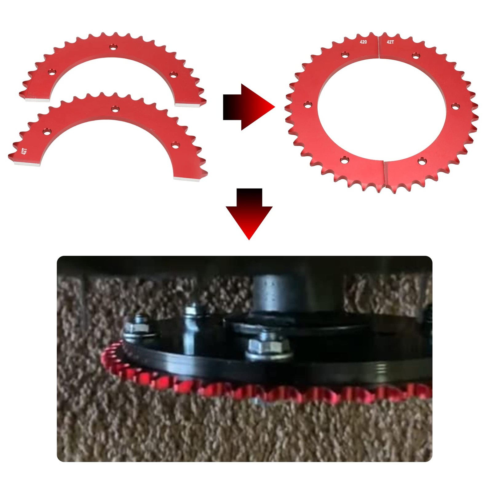 Grehua Universal Split Sprocket 420 Chain 42 Tooth Rear Drive Wheel Aluminum