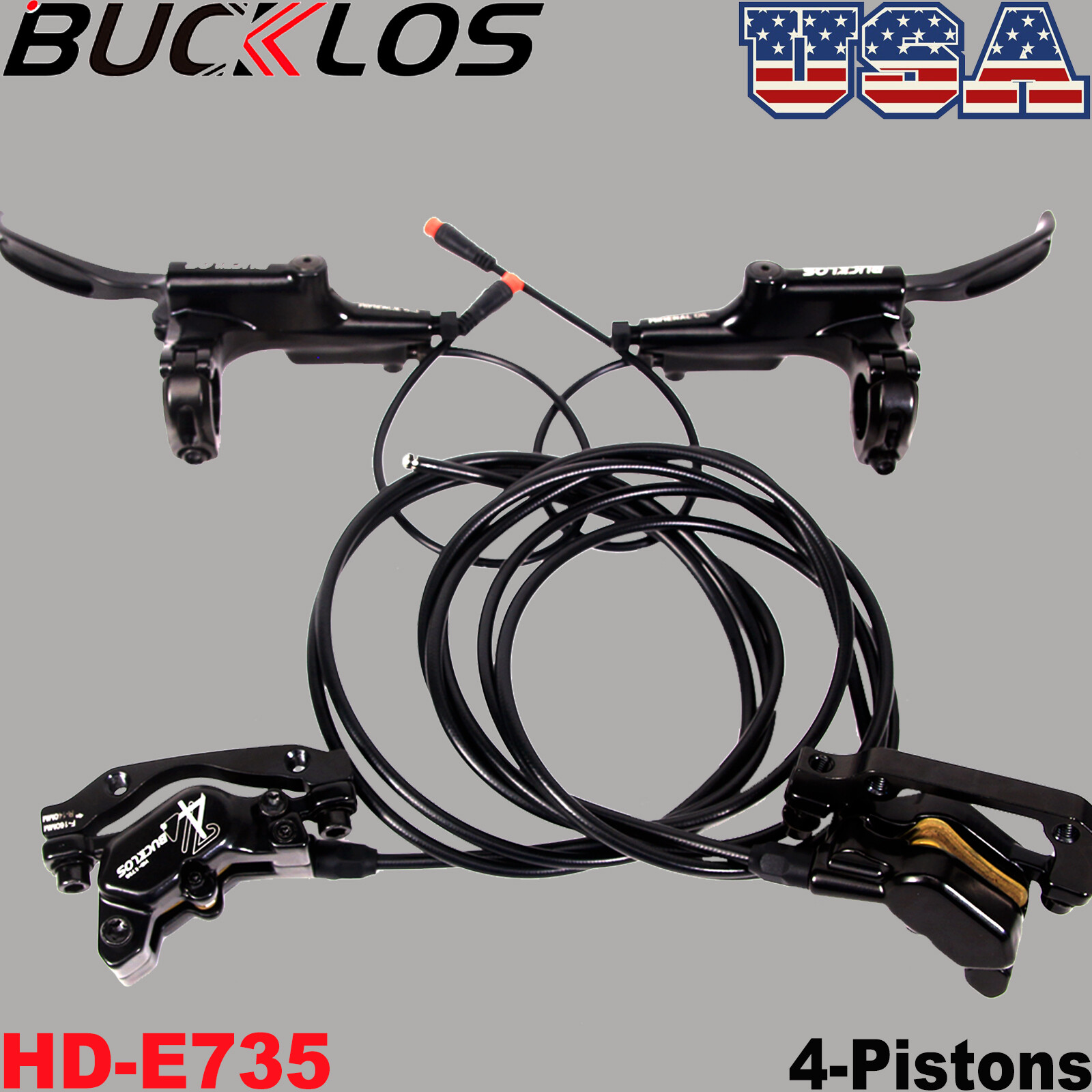 BUCKLOS HD-E735 E-Bike Hydraulic Disc Brake set Front/Rear 4-Pistons Power Off