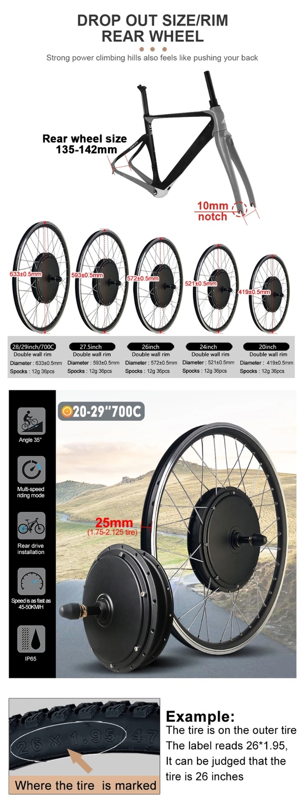 48V 1500W Electric Bike Conversion Kit Mountain Bike Rear Rotate Wheel Hub Motor