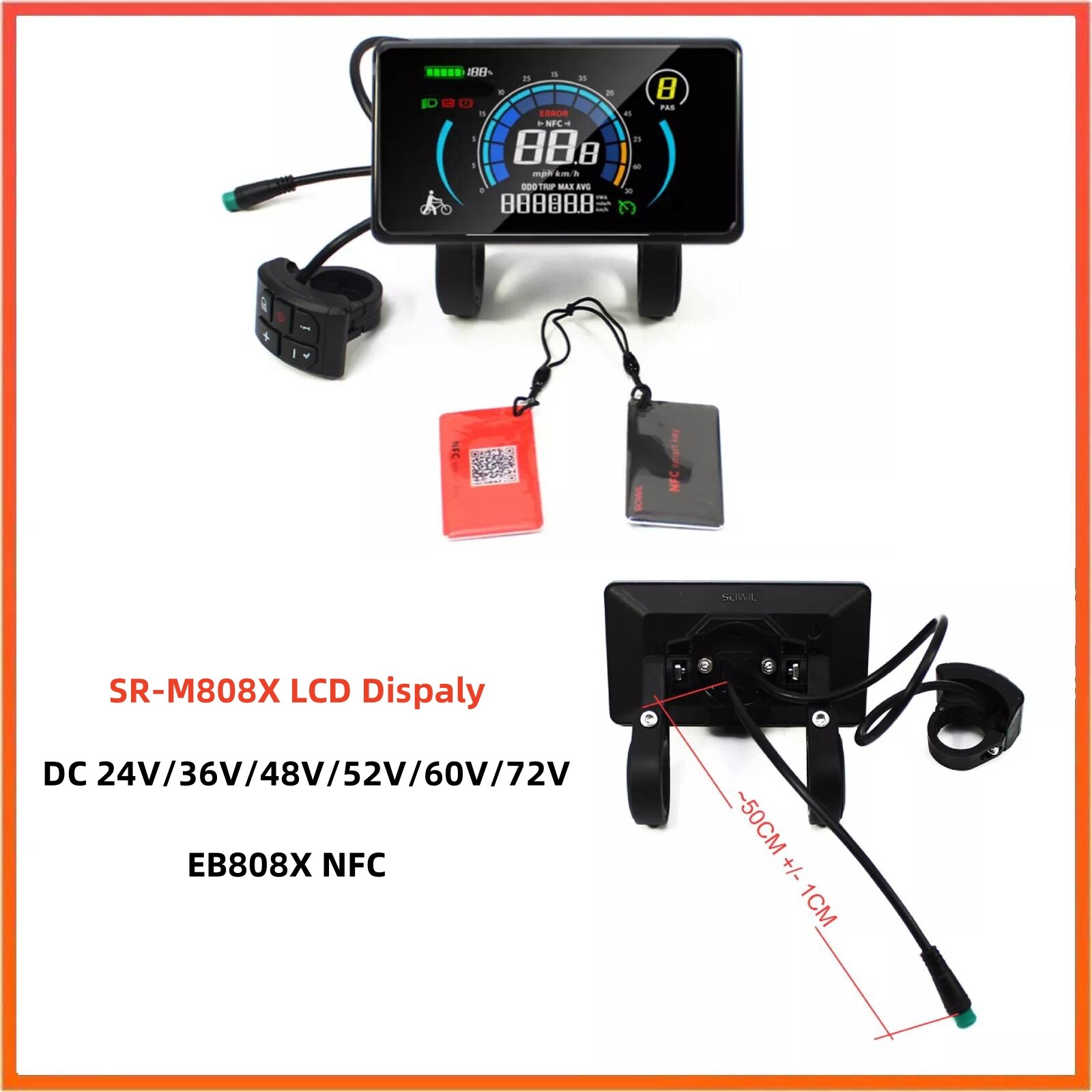 Ebike 24V/36V/48V/52V/60V/72V NFC SR-M808X LCD Display Speed Meter Control Panel