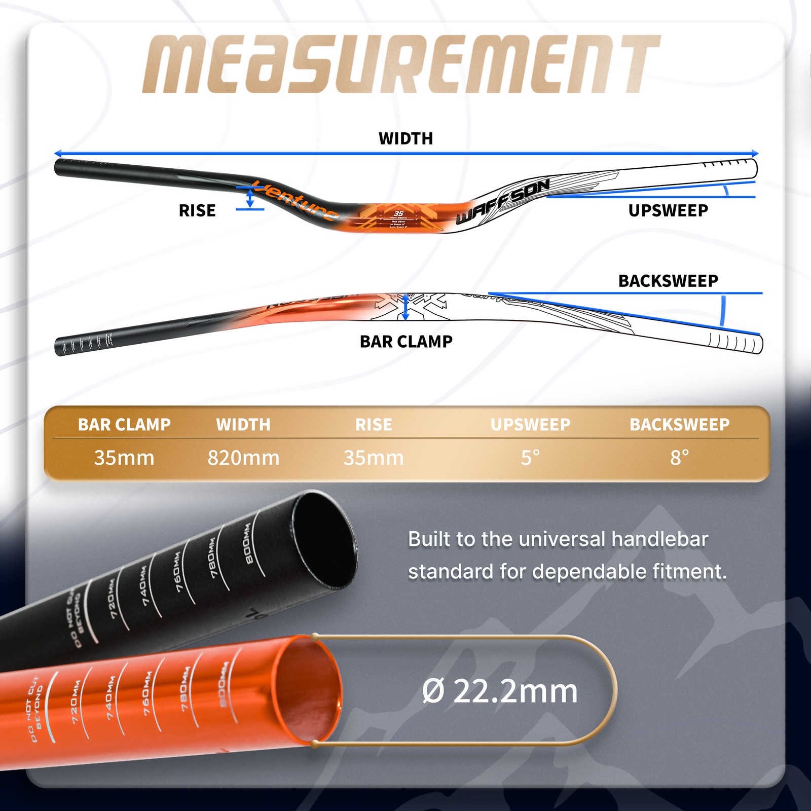 WFS Venture 35 x 820mm Handlebar 35mm Rise, Orange