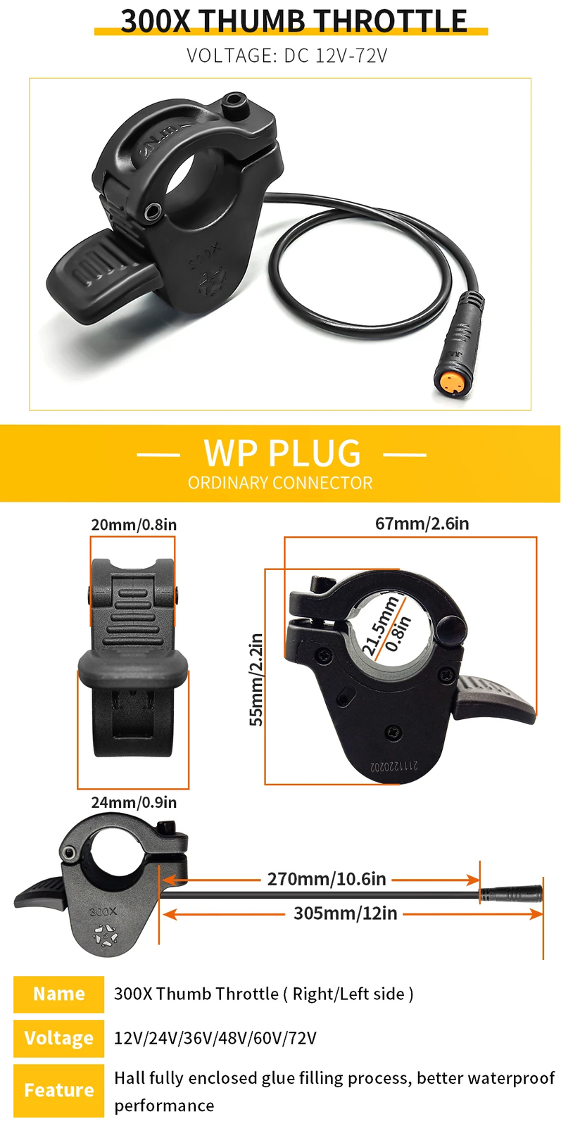 E-bike Thumb Throttle 300X 3PIN for 12V 24V 36V 48V 60V 72V Electric Bicycle
