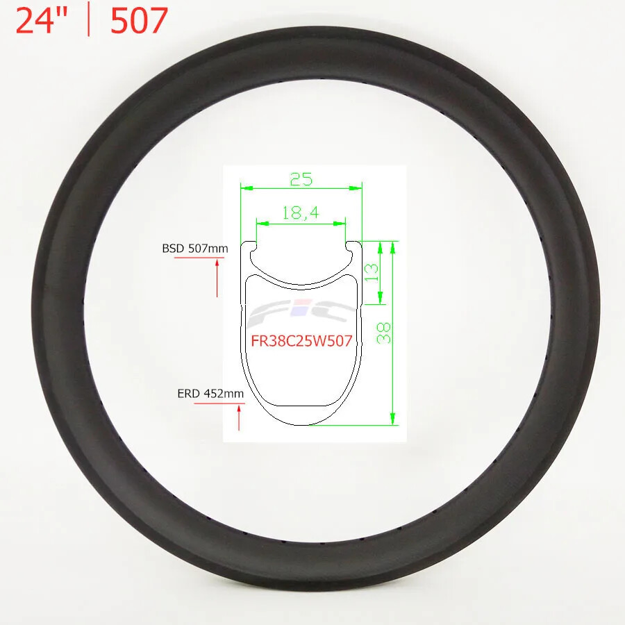 24 Inch Carbon Clincher Rim V Brake Disc Brake 25mm Wide 38mm Depth Clincher Rim