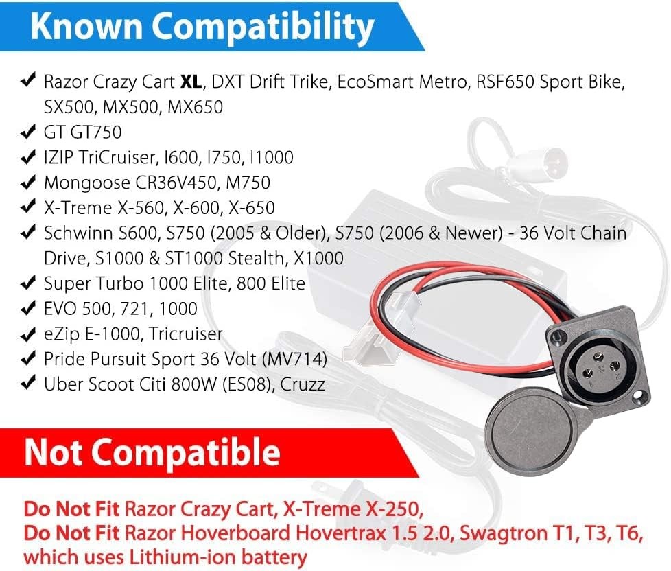 3 Wire 3-Pin XLR Charging Port Cable for E-Bike, E-Scooter, Mobility, Wheelchair