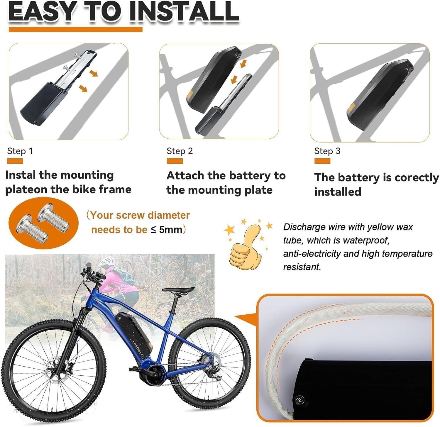 36V 10Ah Li-ion Ebike Battery With 4-Pin Base for 0-1000W Electric Bike Motor