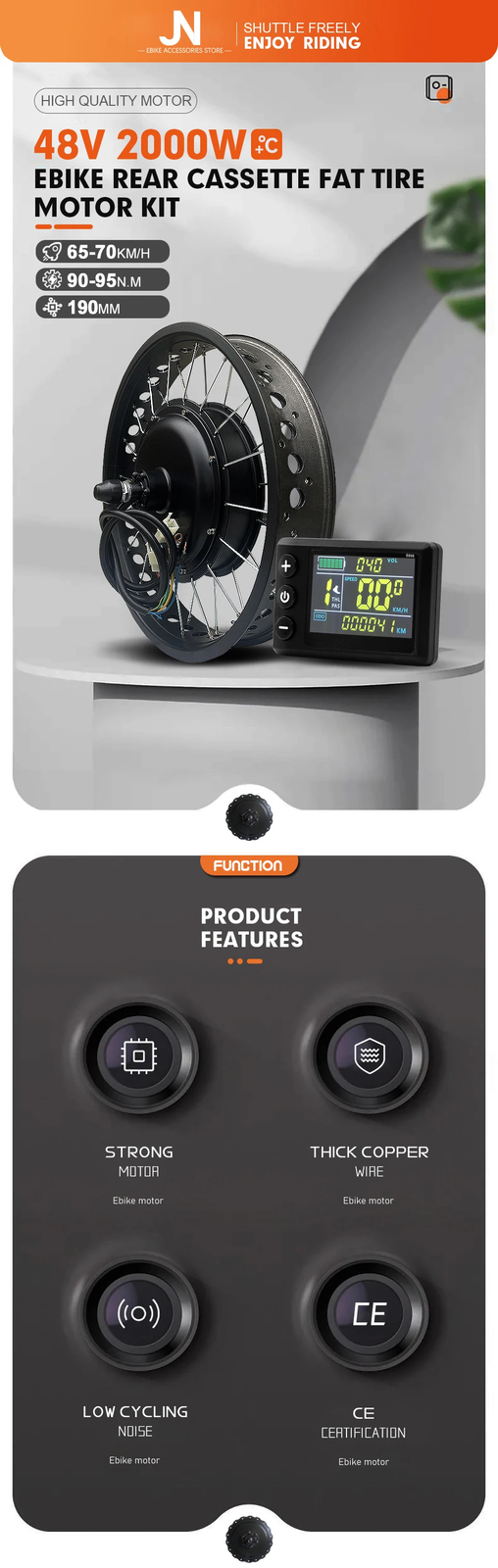 20 24 26inch 48V 2000W E-bike Fat Tire Brushless Rear Cassette Hub Motor Wheel
