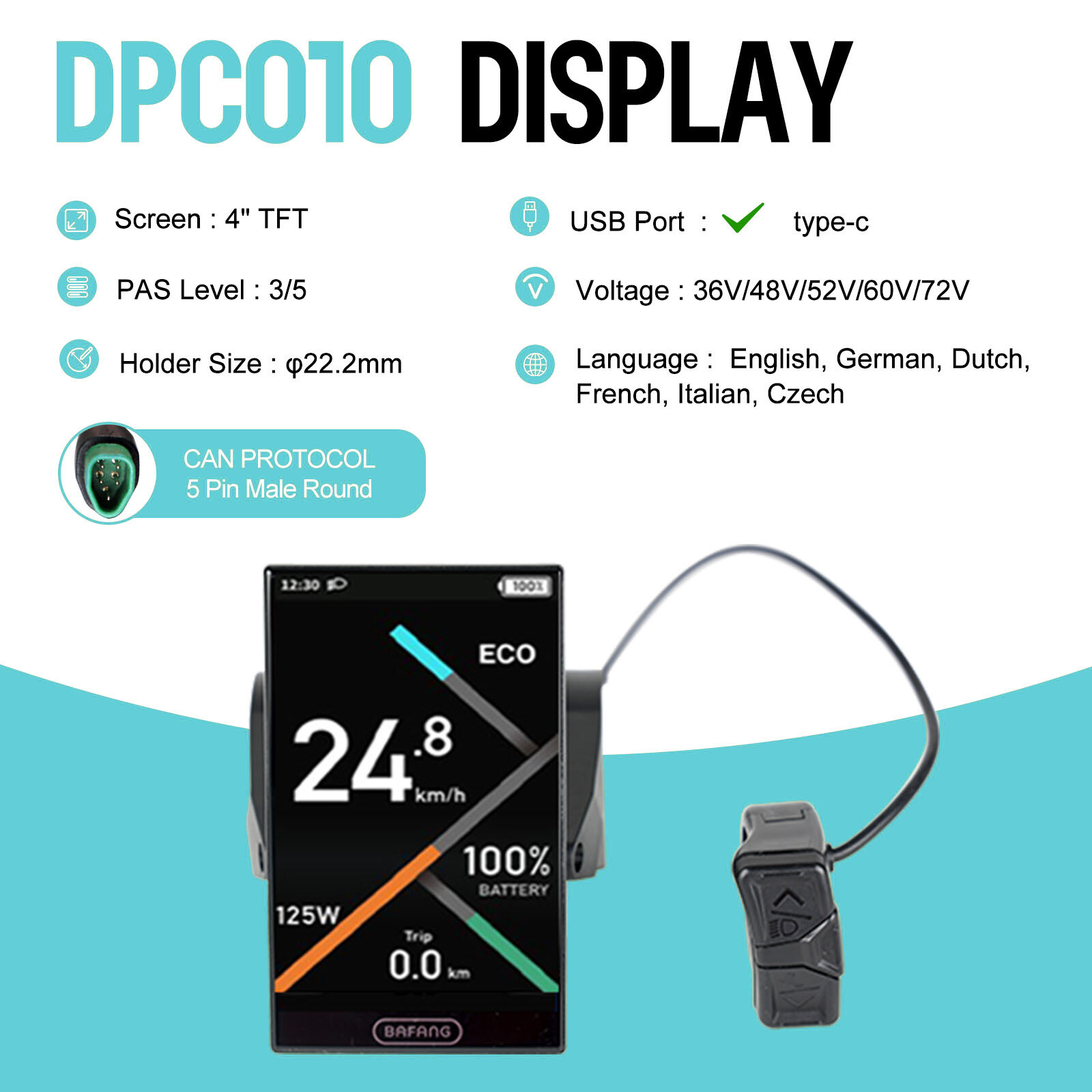 5 Pin E-Bike Display Screen CAN Protocol IP65 for Bafang Mid Motor BBS BBS-HD