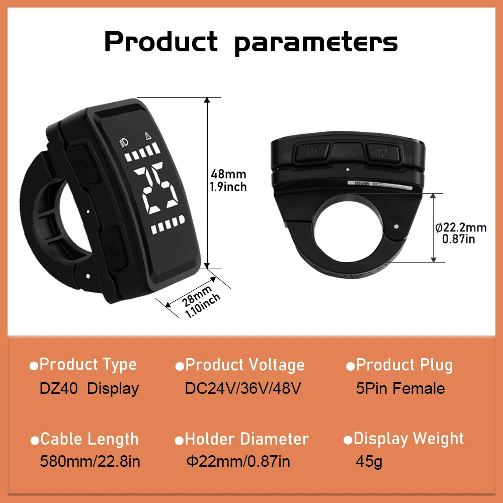 E-bike DZ40 24V 36V 48V 5PIN Female Waterproof LCD Display for Mid Drive Motor