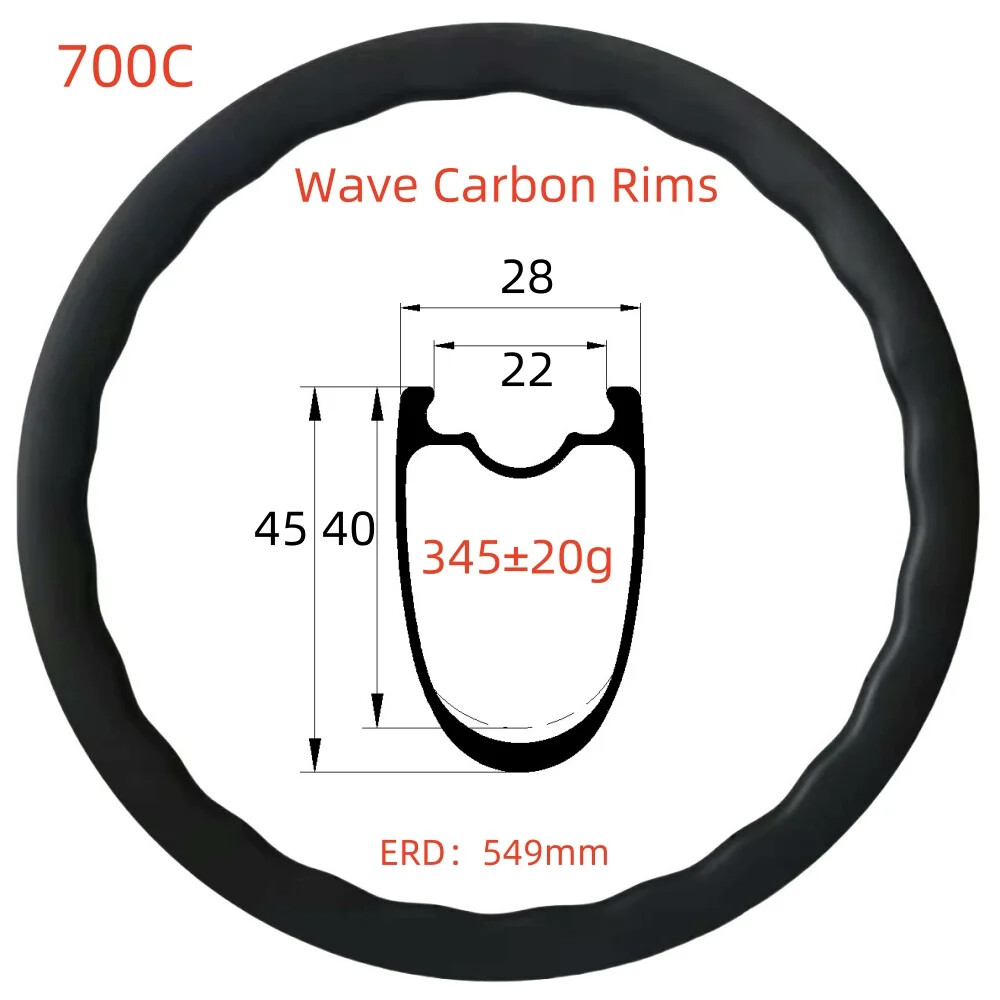 700C Gravel Bike Wave Carbon Rims 28mm Wide 45mm Depth Disc Brake Tubeless