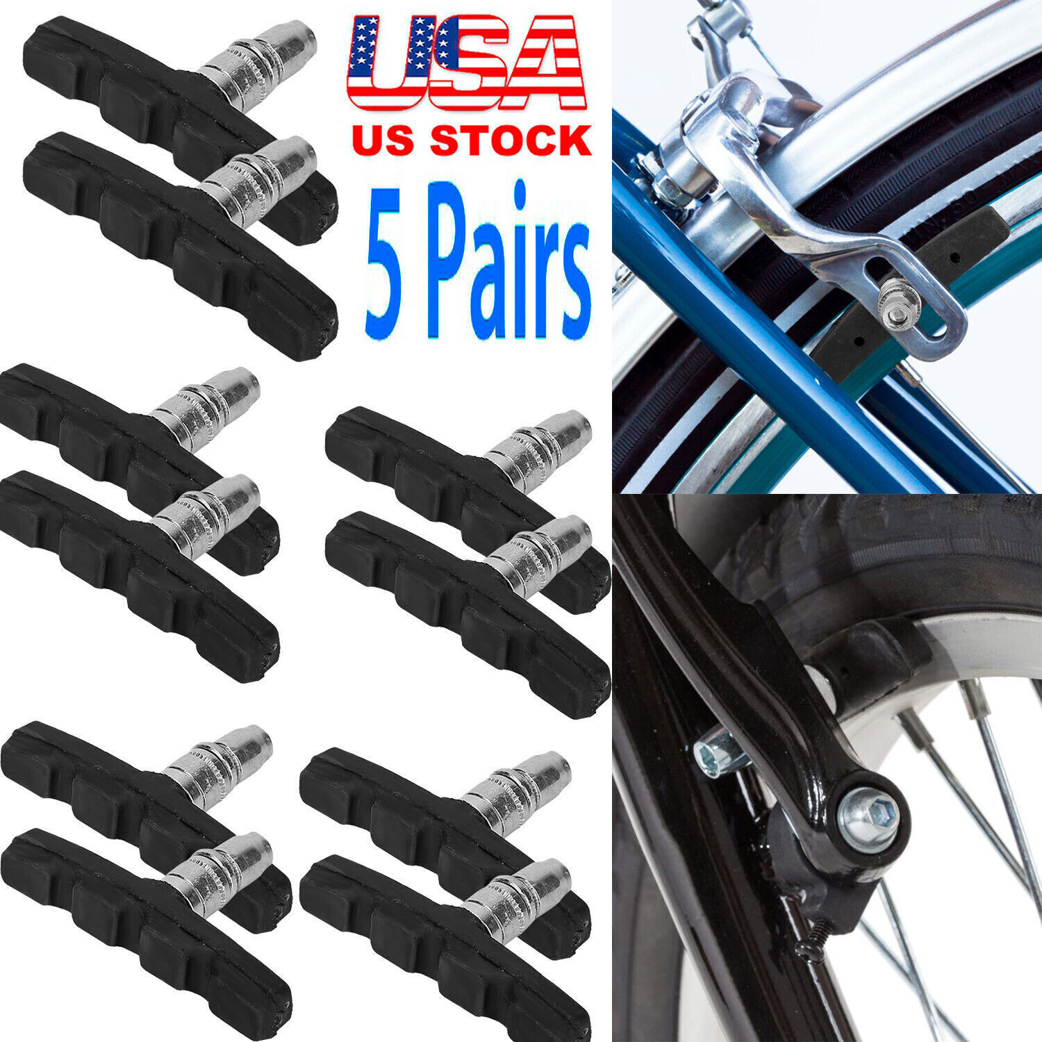 5 Pairs Bike Rubber Brake Pads Bicycle V-Brake Blocks 70mm Non-Slip Stop Caliper