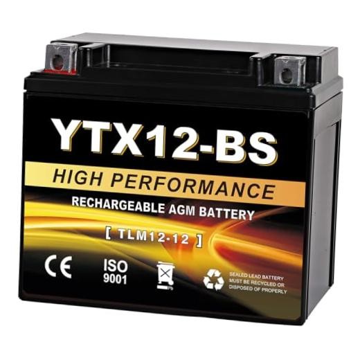 YTX12-BS 12V 10Ah AGM Sealed Motorcycle Battery, Maintenance-Free, YTX-12 Black
