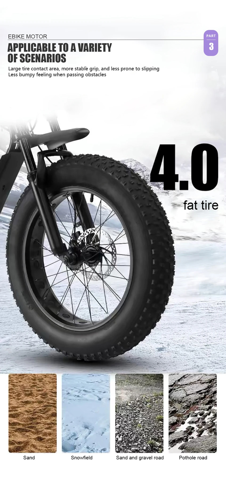 48V 1000W 1500W Snow Electric Bicycle Fat Tire Rear Rotate Hub Motor 20/24/26”