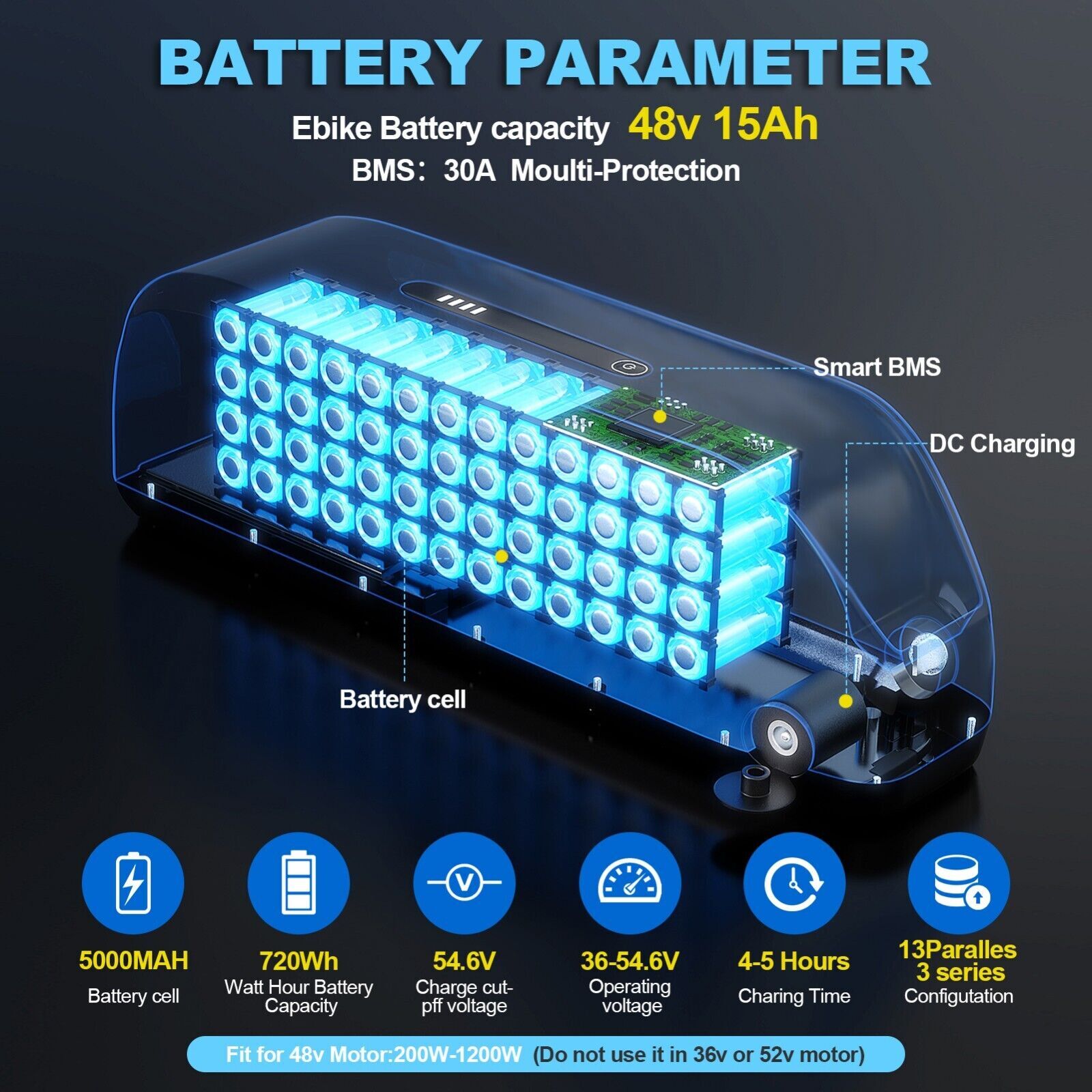 New 48v 15Ah Battery lithium battery 48V Battery for 0-1000W Motor