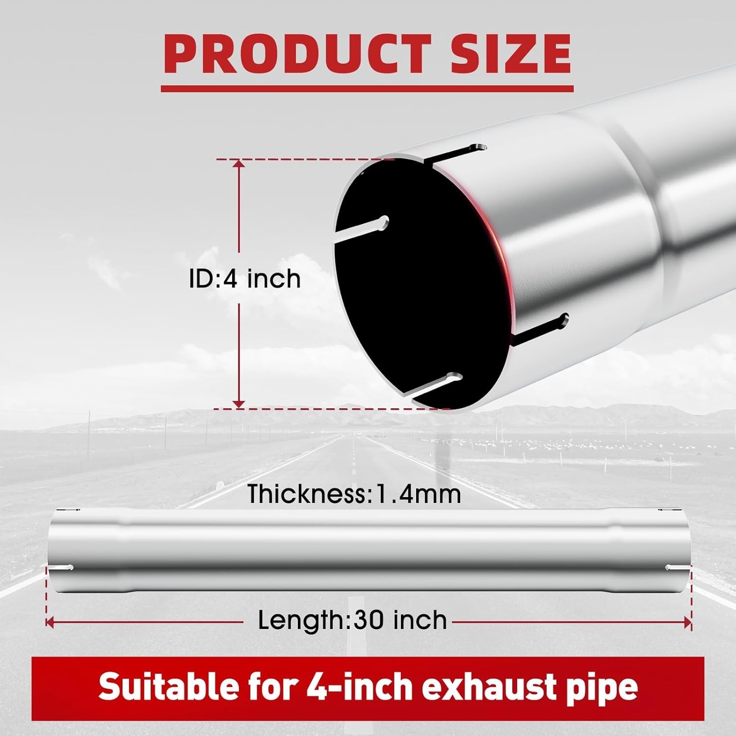4 Inch T304 Straight Stainless Steel Exhaust Muffler Pipe 30″ Straight Length