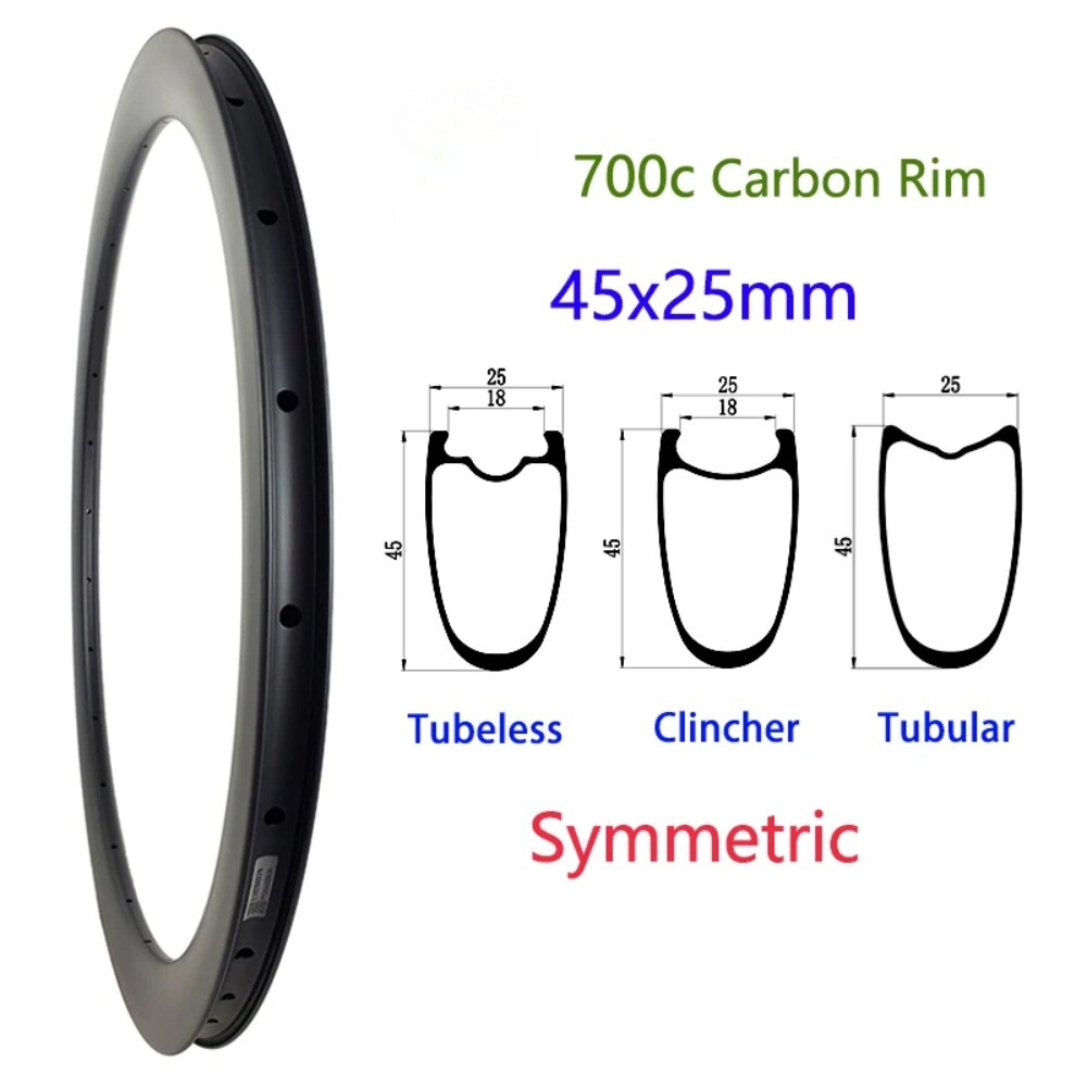1 Pcs 700c Carbon Rim 45mm Deep 25mm Wide Symmetry Hook UD 3K 12K Matte Glossy