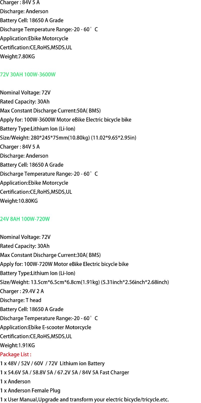 48V 52V 60V 72V 30Ah 20Ah Ebike Battery for Electric Bike Bicycle w/ BMS Li-ion