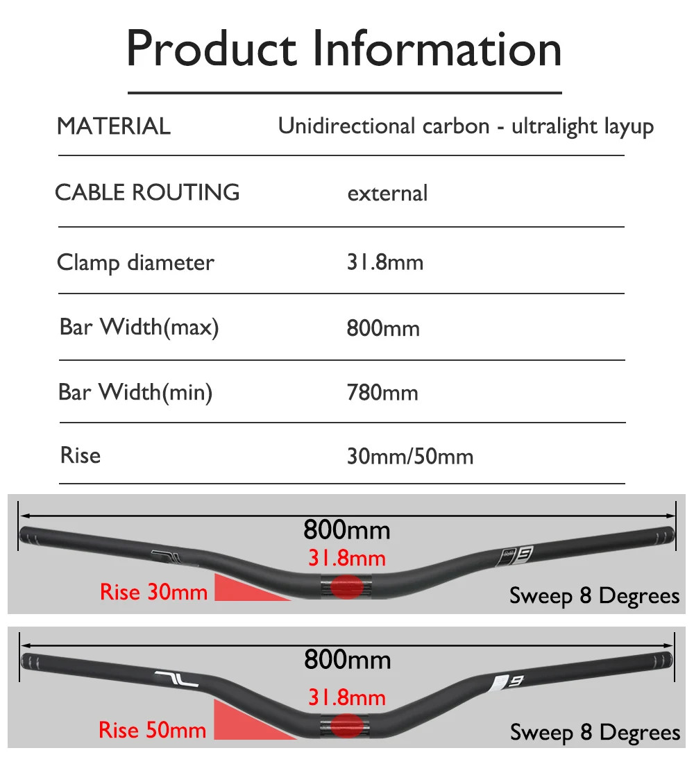 Carbon Mountain Bike Handlebar 31.8mm Clamp 780-800mm 30/50mm Rise 8 Sweep