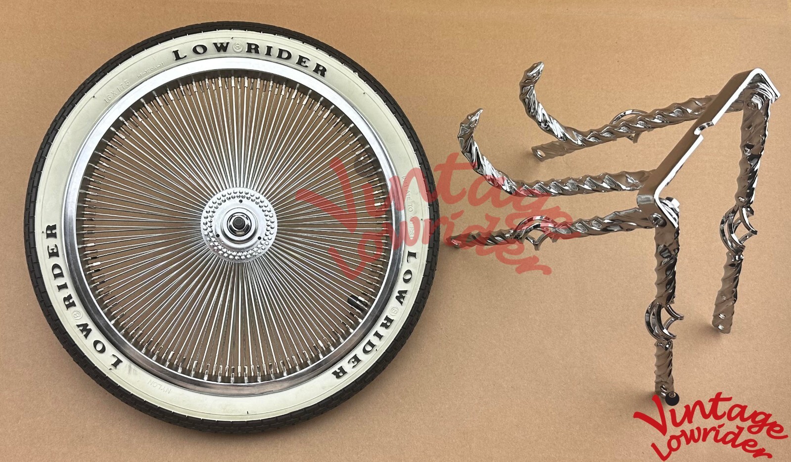 VINTAGELOWRIDER 20″ CAGE TWISTED CHROME CONTINENTAL KIT W/ORIGINAL LOWRIDER TIRE