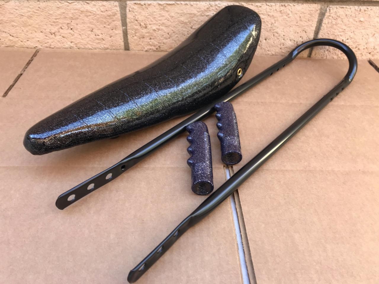 20″ BLACK SPARKLE Lowrider Krate BANANA SEAT Sting-Ray GRIPS & BLACK SISSYBAR