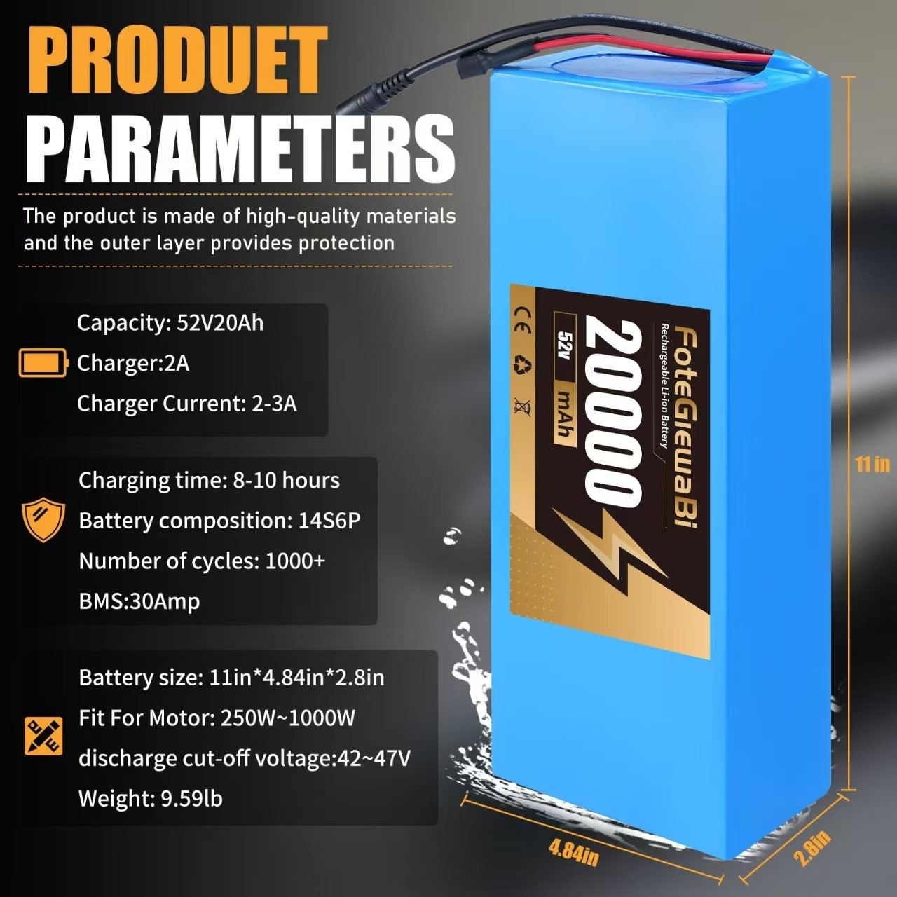 52V 20Ah Ebike Lithium Battery with BMS Ebike Electric Bicycle Scooter