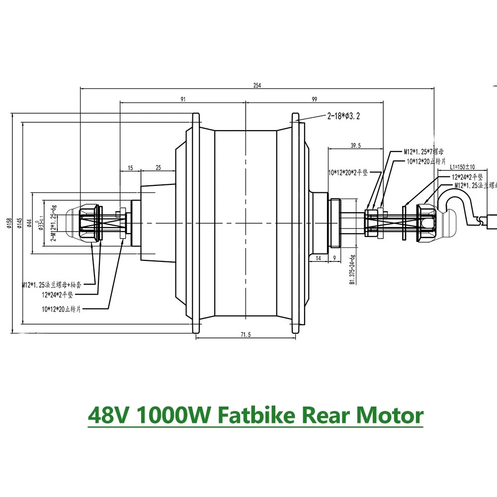 48V 1000W 20/24/26” Snow Fat Electric Bicycle Rear Hub Motor Droupout 170/190mm