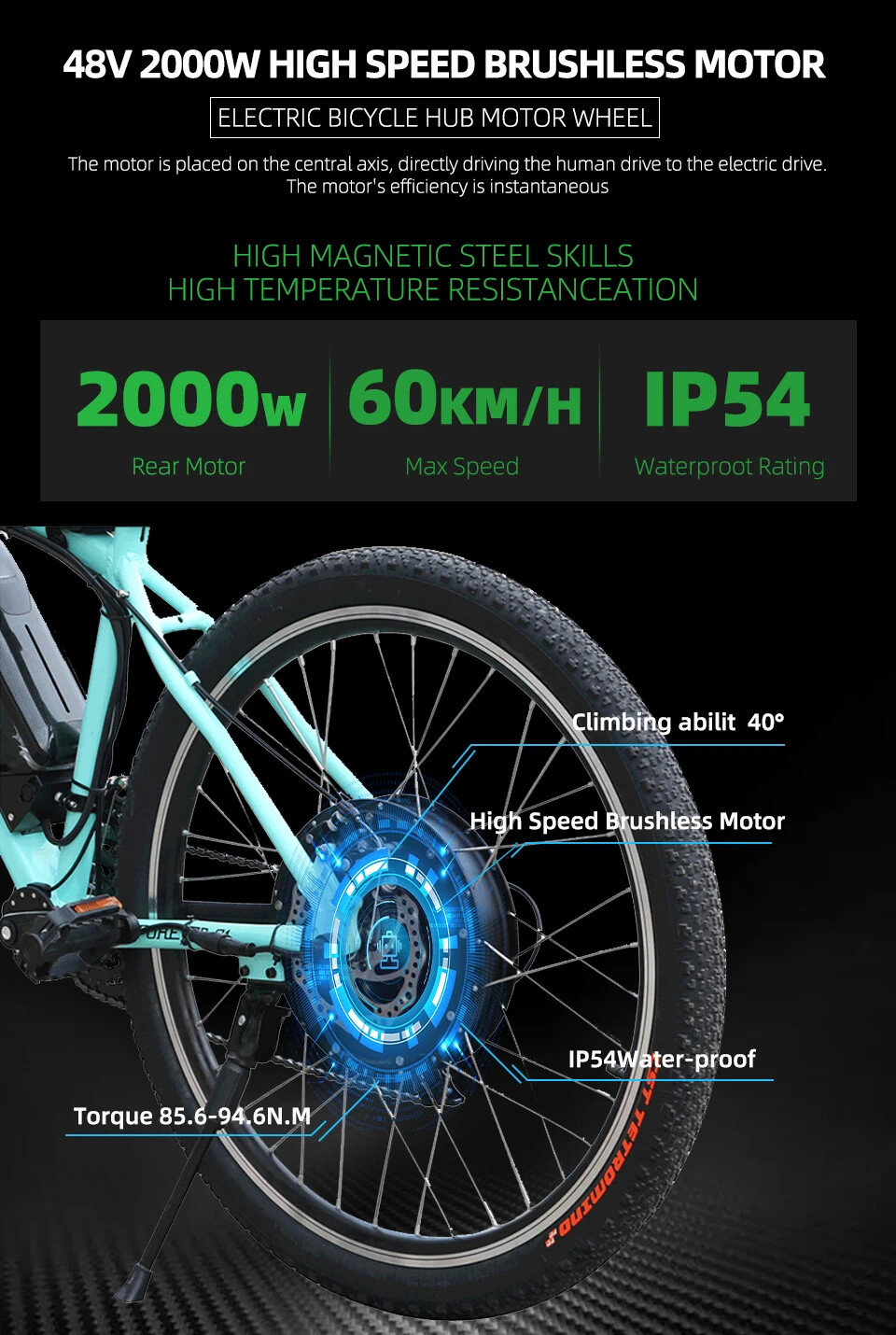 250W 350W 500W MTB Electric Bicycle Front Rear Hub Motor Waterproof 9 Pins Plug