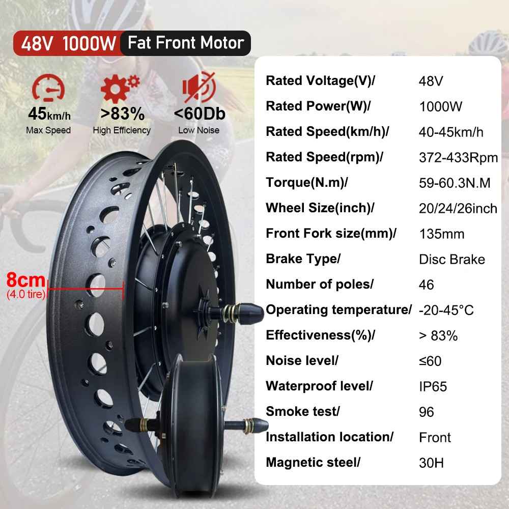 Snow Fat Tire Electric Bike 48V 1000W Front Brushless Hub Motor Wheel 20 24 26in