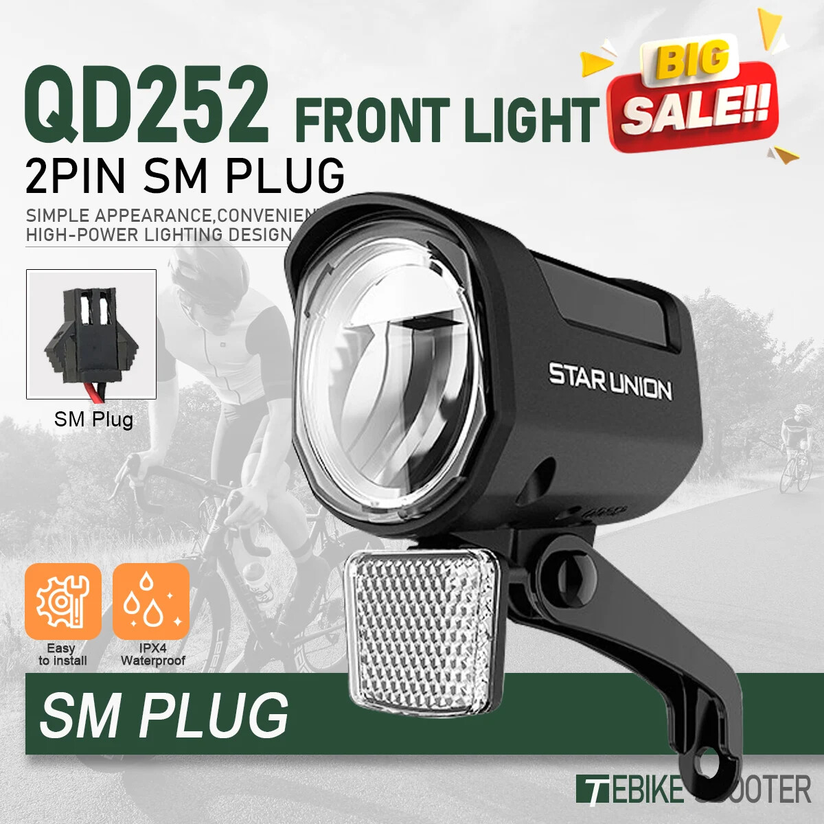 E-Bike Front Light QD252 12V 24V 36V 48V 60V 72V SM/Waterproof Front Headlight