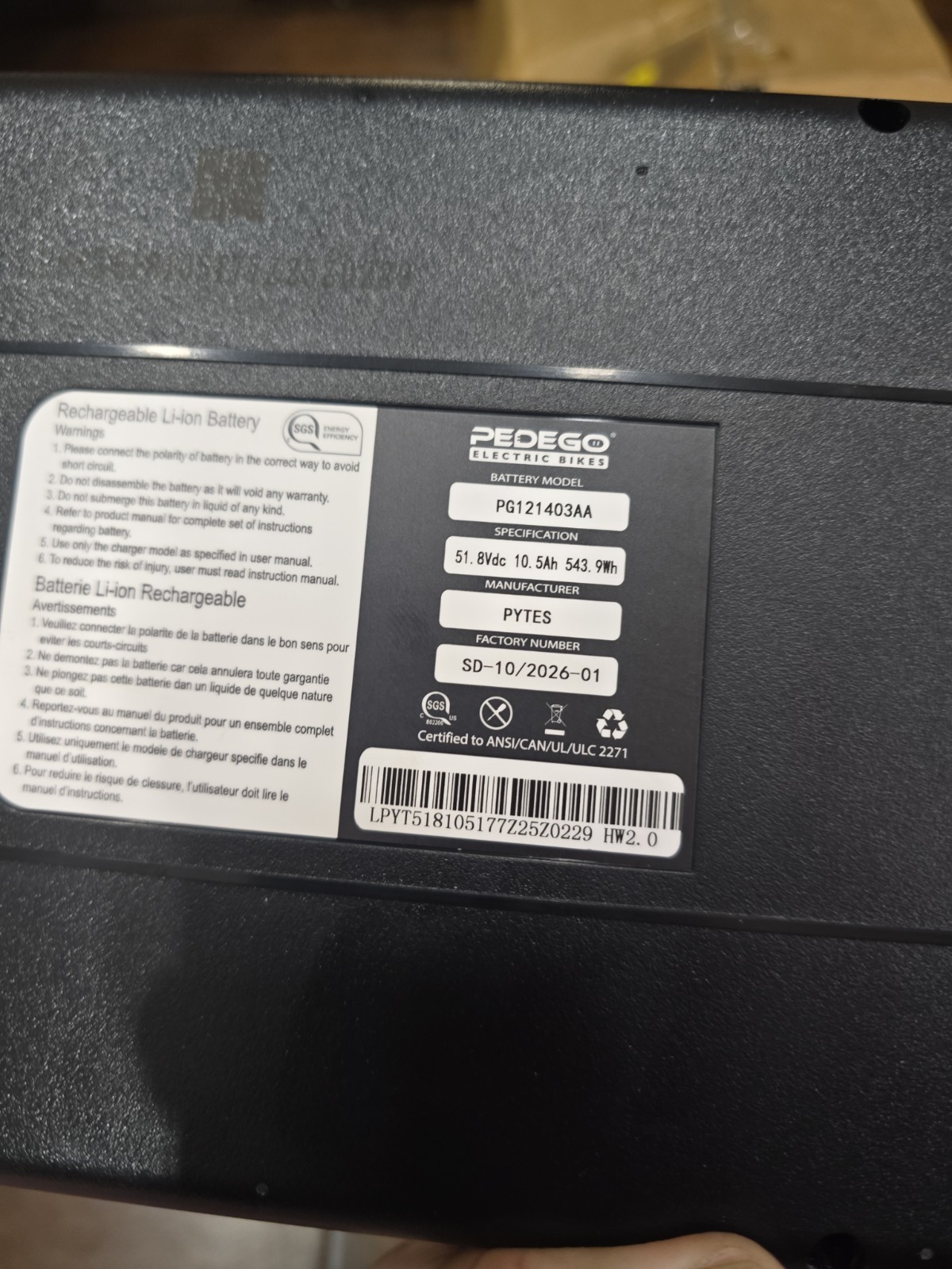 Pedego Spare Battery 52V 10.5Ah for Interceptor Boomerang Latch V2 City Commuter