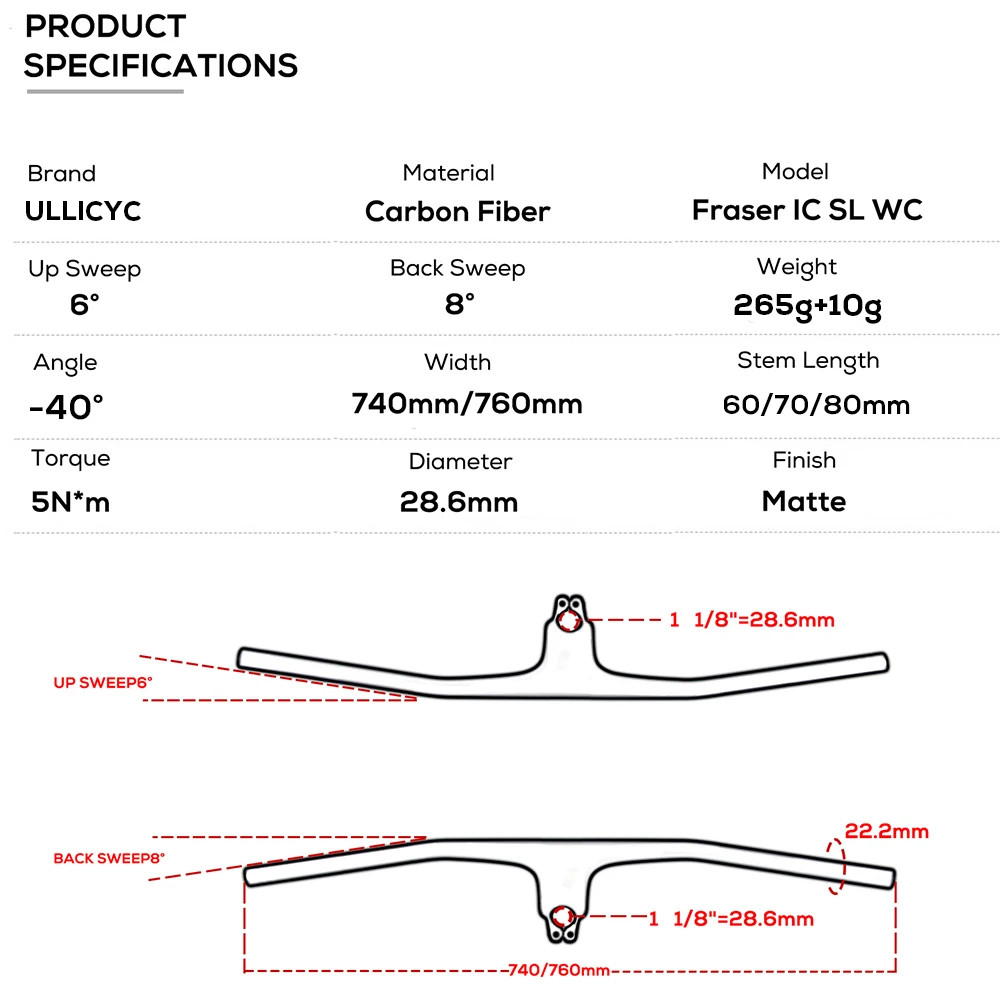 -40° Rise Full Carbon Mountain Bike Handlebar 28.6mm Integrated Cockpit Drop Bar