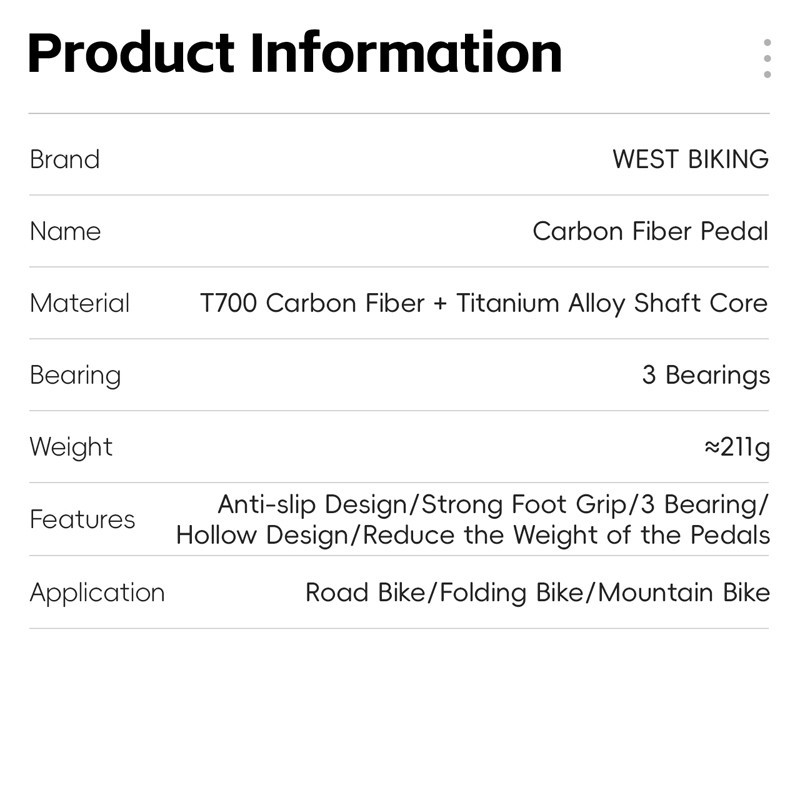 WEST BIKING Carbon Fiber Road Bike Pedals 3 Bearing Titanium Axis Bicycle Pedals