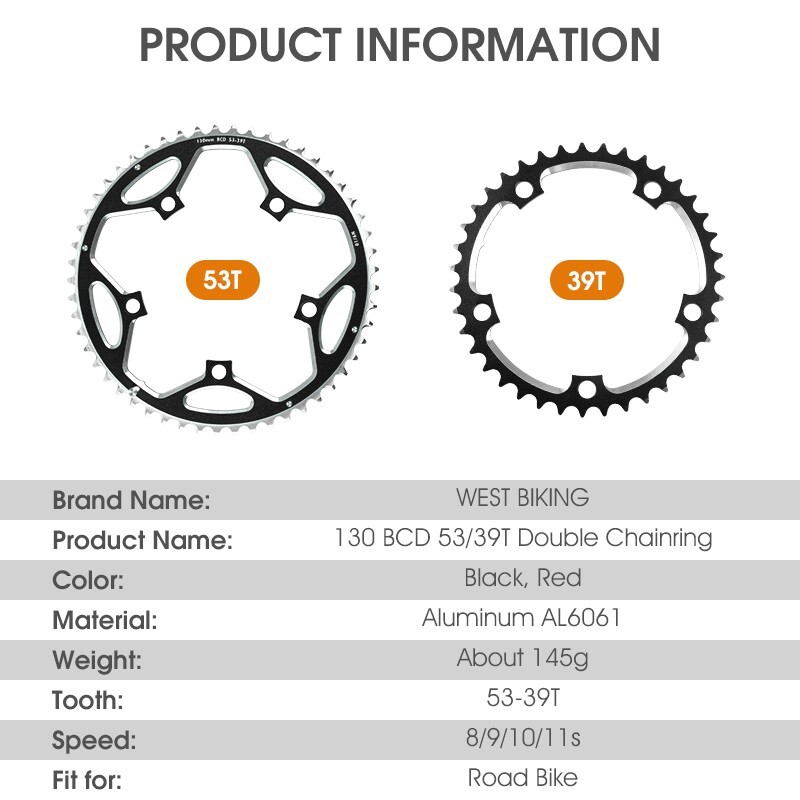 WEST BIKING Road Bike 130 BCD 39/53T Double Chainrings Tooth Plate 9/10/11 Speed