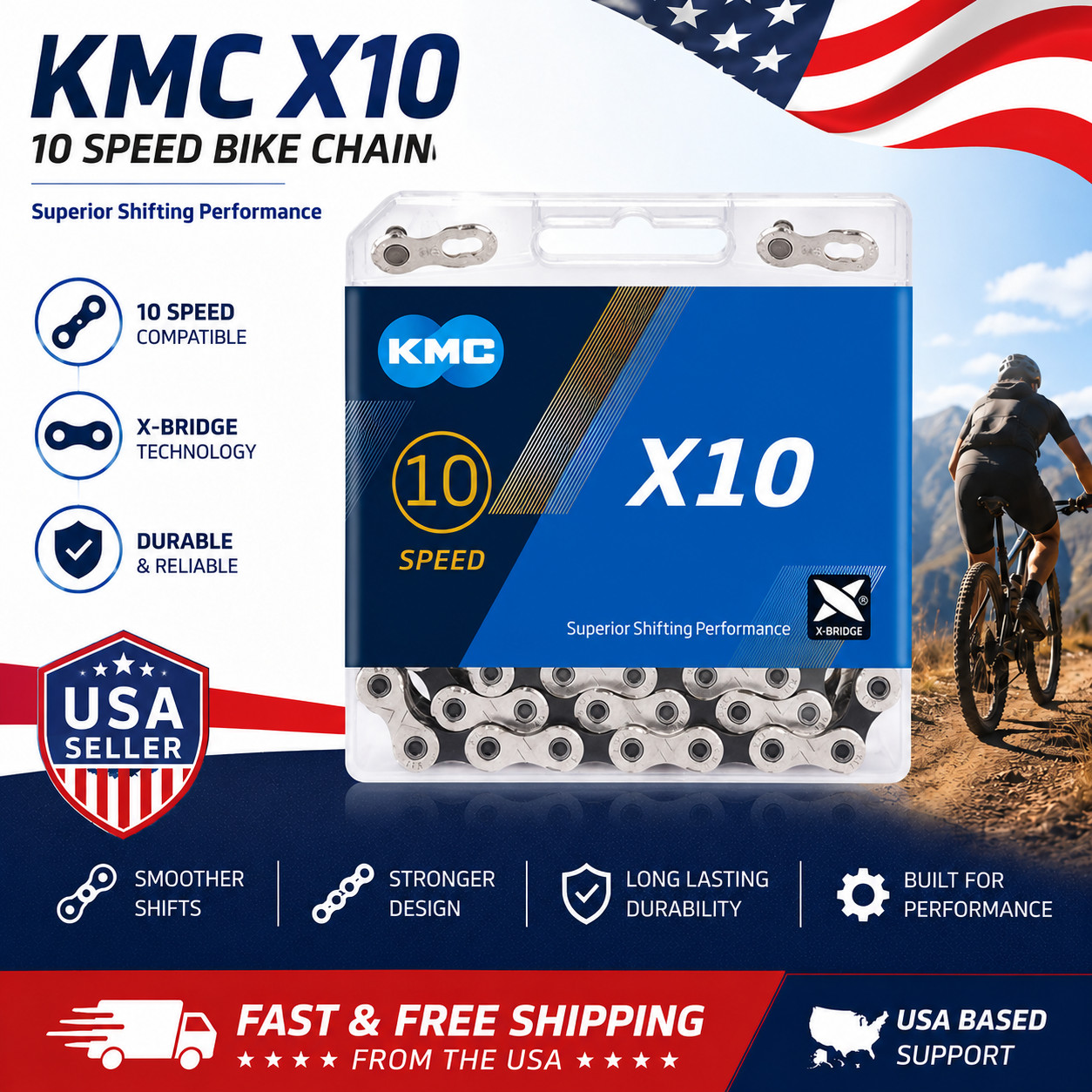 10 Speed Bike Chain 116 Links 1/2” x 11/128” Bicycle Chain KMC X10 Compatible