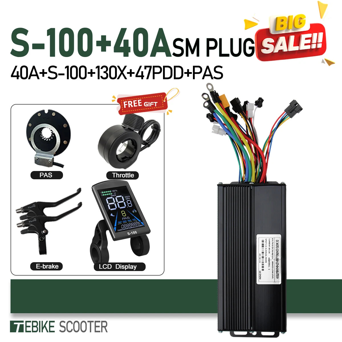 E-Bike Sine Wave 17A26A30A40A Controller 24V-52V 250W-2000W Motor + LCD Display