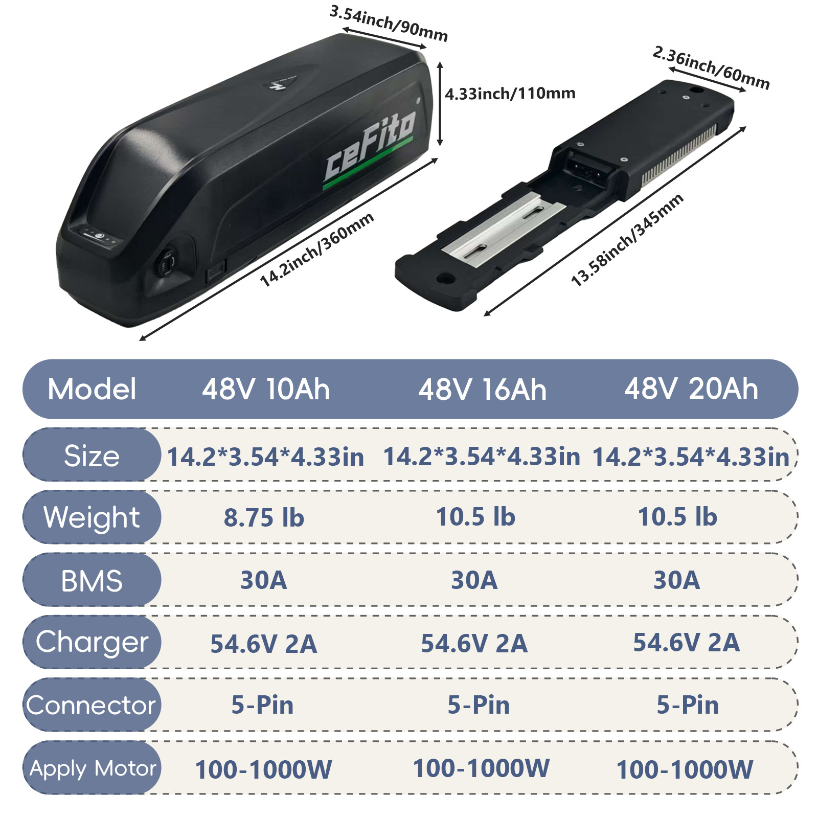 48V 20Ah 16Ah 10Ah Battery for Bikes, with 30A BMS, 5-Pin Connector, USB Port