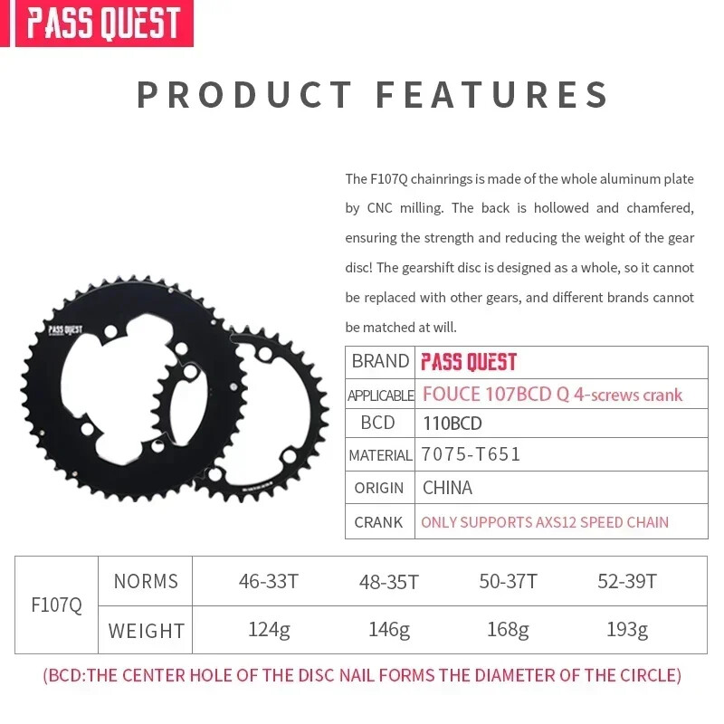 107 Bcd Chainring Double Chain Ring with 4 Bolts for 12 Speeds Road/Gravel Bike