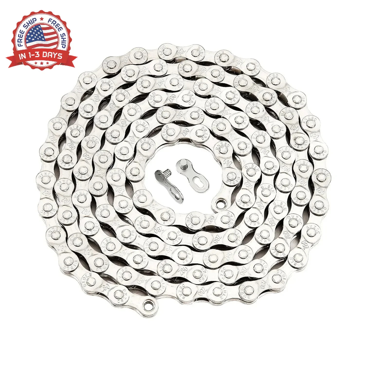 Single Speed Bike Chain, Full Silver Plated Metal Bicycle Chain, 114 Links Anti-
