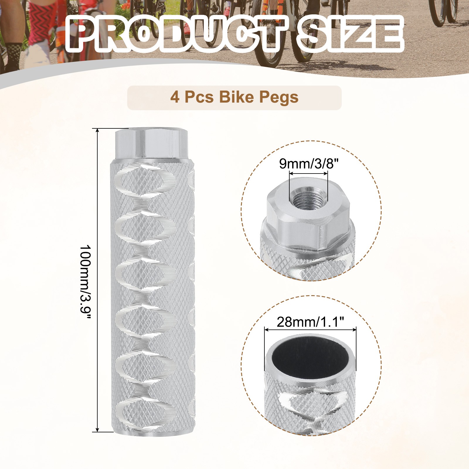4 Pack Aluminum Alloy Bike Pegs Anti-Skid Fit 3/8 Inch Axles with Circle Silver