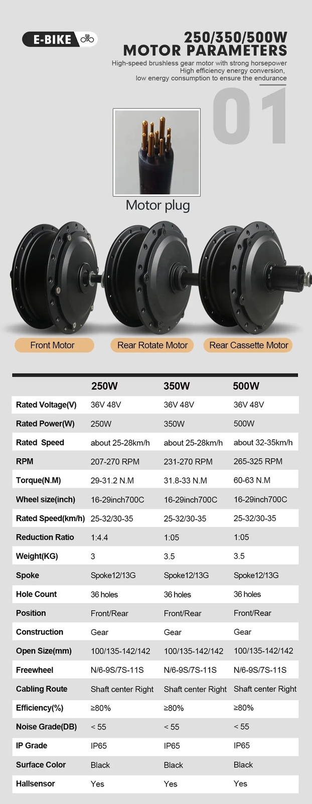36V/48V 250W 350W 500W E-bike Front Drive Rear Rotate Cassette Hub Motor Wheel