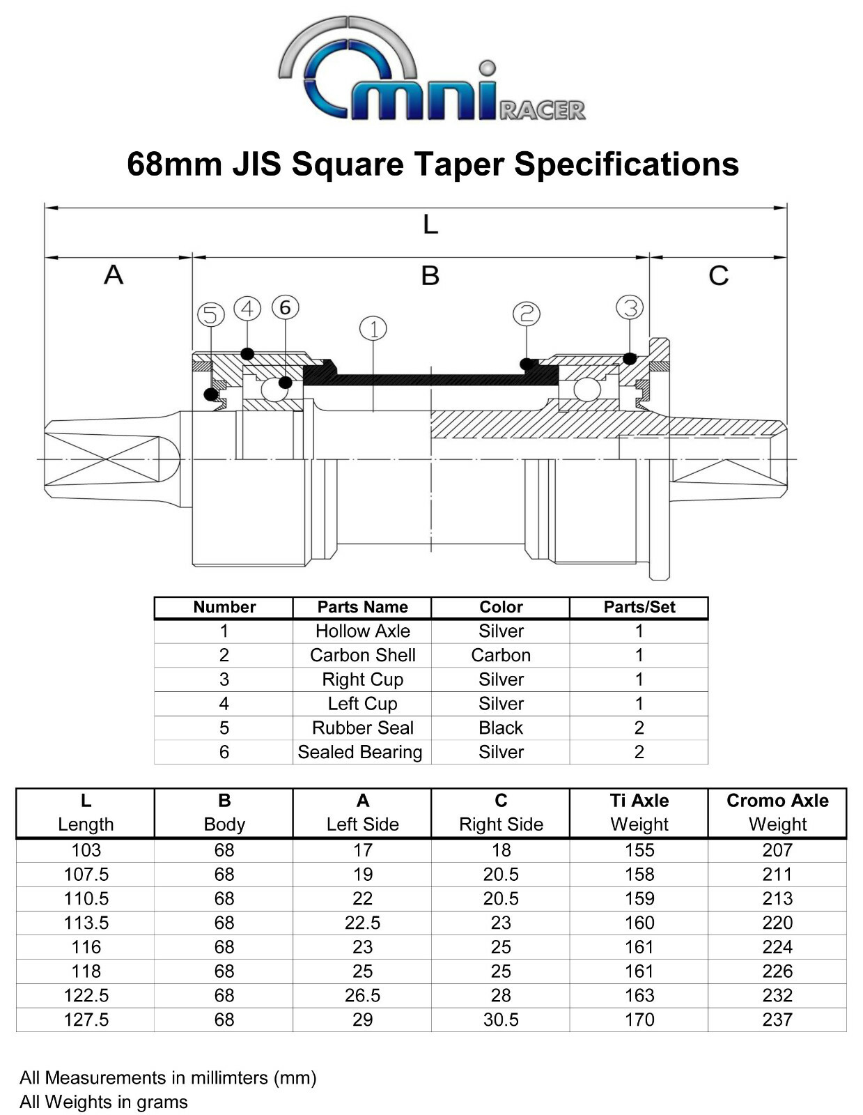 OMNI Racer Cromoly Steel JIS Square Taper Bottom Bracket: 103-127mm Lengths