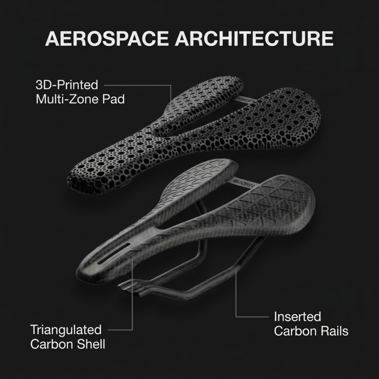 Bjorn Cycles Carbon Bicycle Short-Nose Saddle w/ 3D-Printed Pad Kort 143 mm