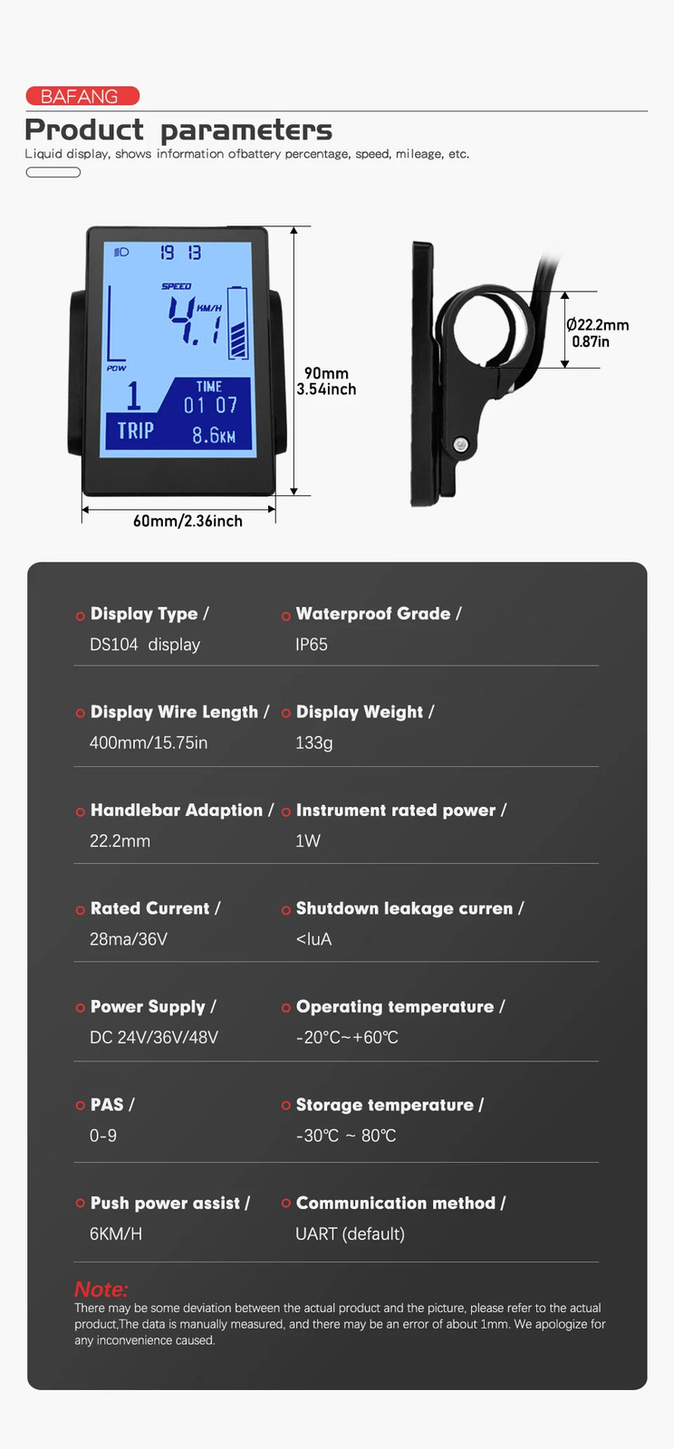 BAFANG UART Display DS104 5Pin Plug for BBS01 BBS02B BBSHD Mid Drive Motor