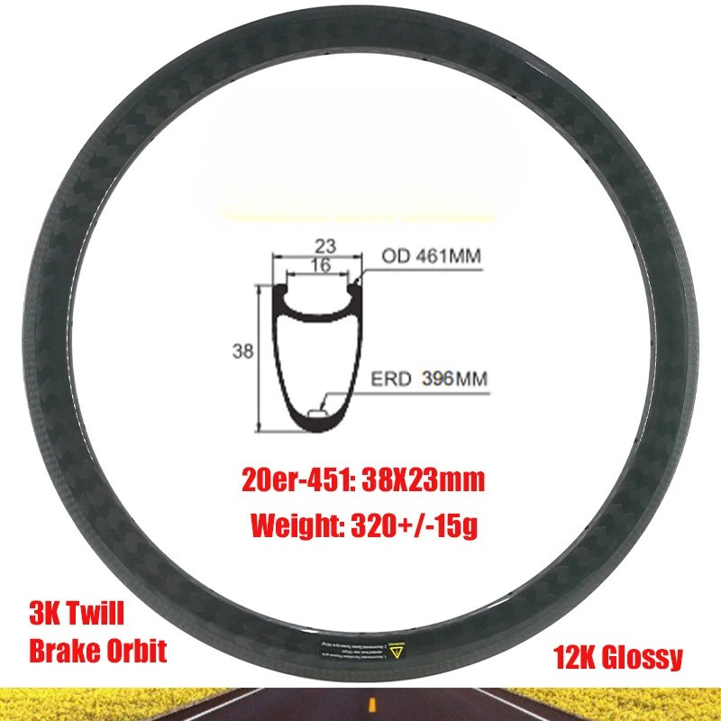20er 38X23mm Road Bike Carbon Rim Clincher V Brake 16-36 Holes Bicycle Wheels
