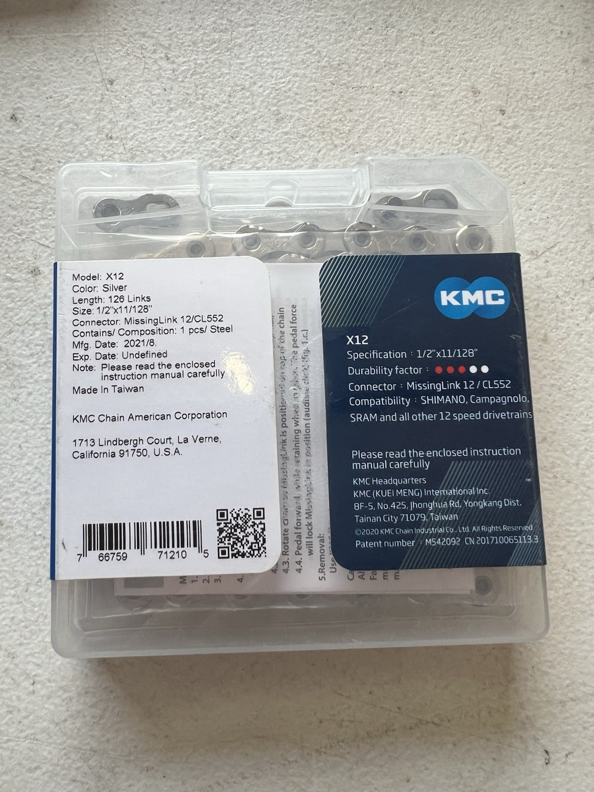 KMC X12 12 speed Chain 126L Silver w/ Quick Link