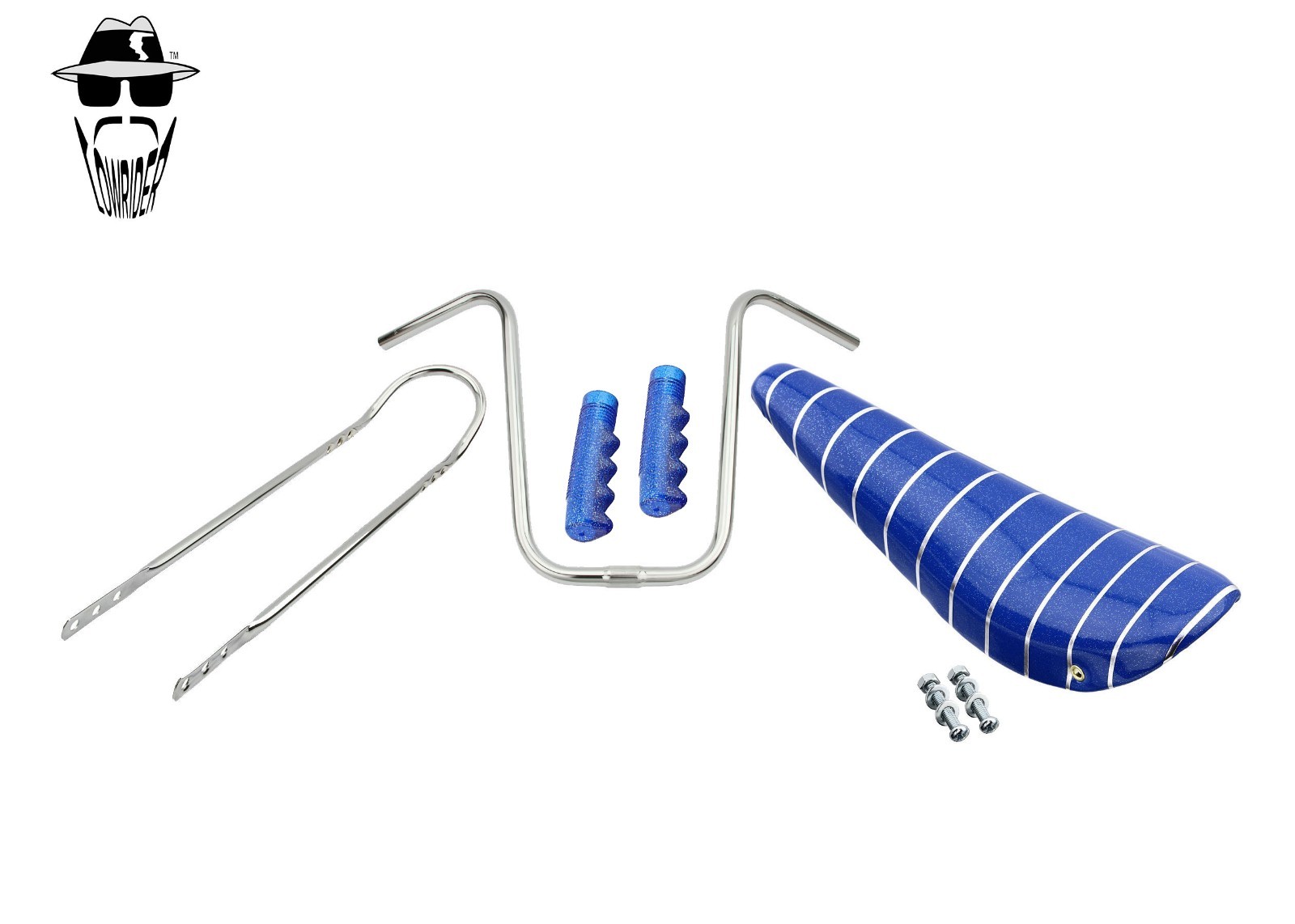 ORIGINAL LOWRIDER U Handlebar 25.4mm Sissy Bar Blue Stripe Banana Seat/Grips.